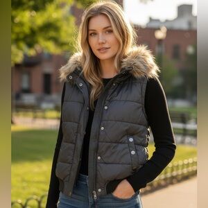 Denim&Co Black Puffer Vest with Faux Fur Trim